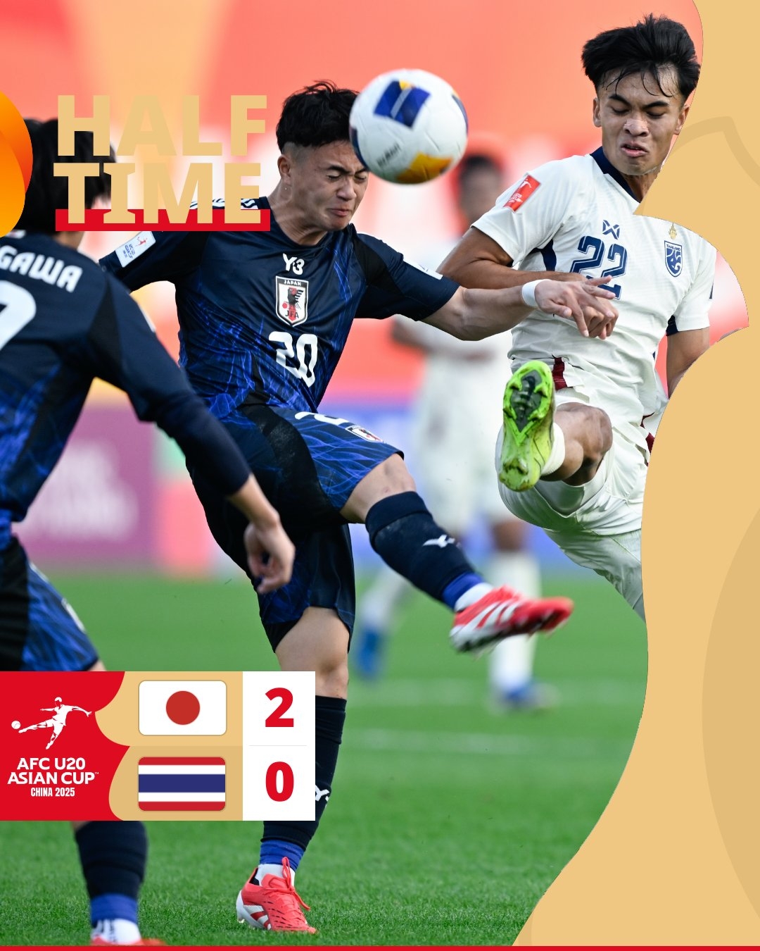  半場-日本U20 2-0領(lǐng)先泰國U20，石井久繼破門+中柱 泰國0射正