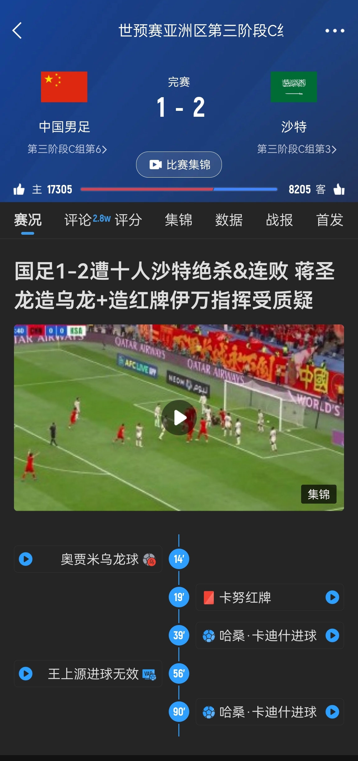 今天什么劇本？首戰(zhàn)沙特也是半場(chǎng)紅牌+蔣光太傷退，最后國(guó)足被翻